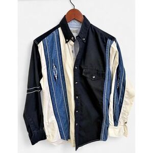 VTG Express Riders Mens S Blue/White Striped Woven Cotton Button-Down Shirt